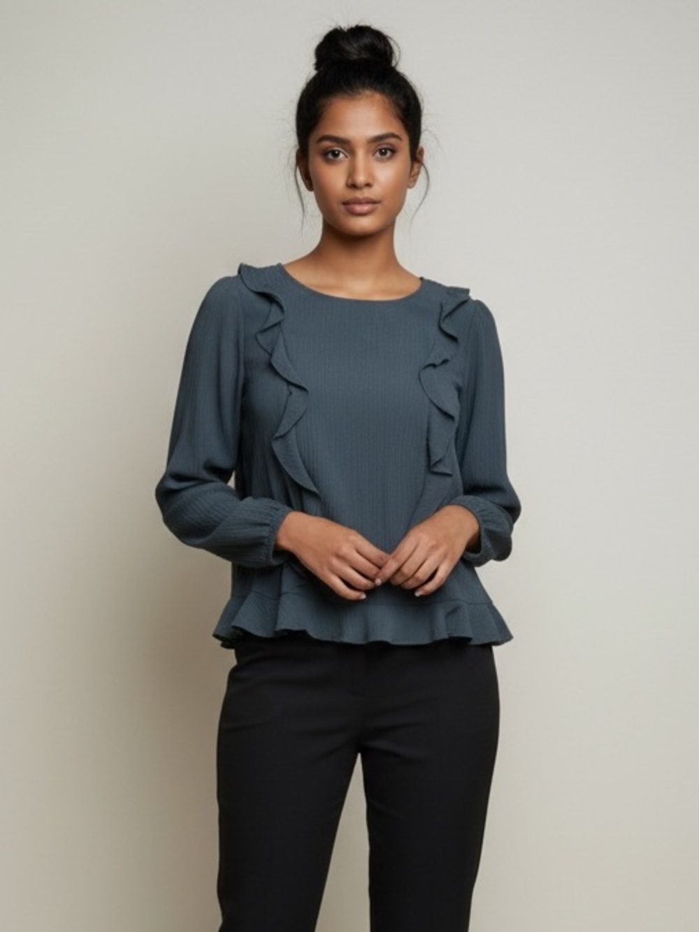 1.State dark green ruffled long sleeve blouse size small